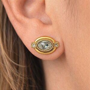 Vintage 1970 s Gold Tone Stud Earrings Oval Crystal Rhinestone Mid Century Retro